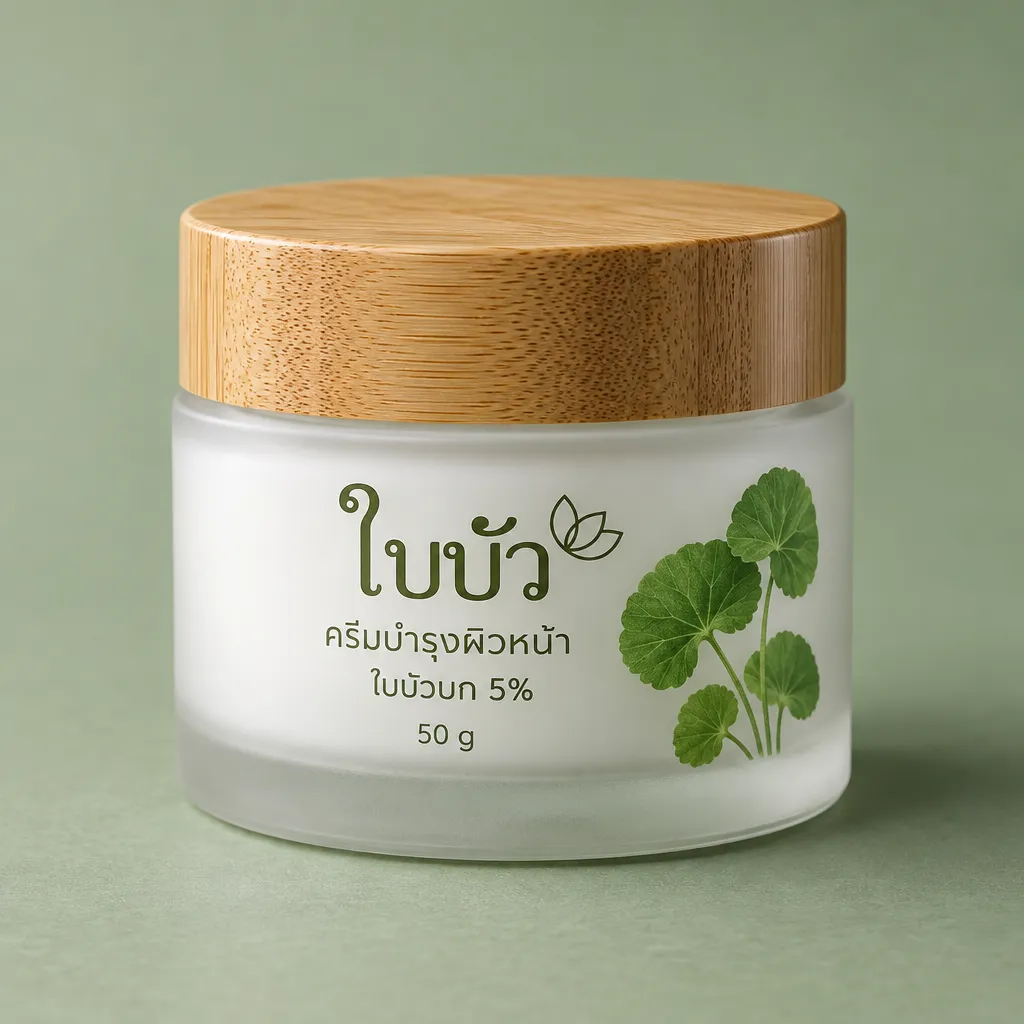 ภาพคอนเซ็ปต์: กระปุกแก้วฝ้าฝาไม้ไผ่ ฉลากภาษาไทย ครีมบำรุงผิวหน้าใบบัวบก 50 g