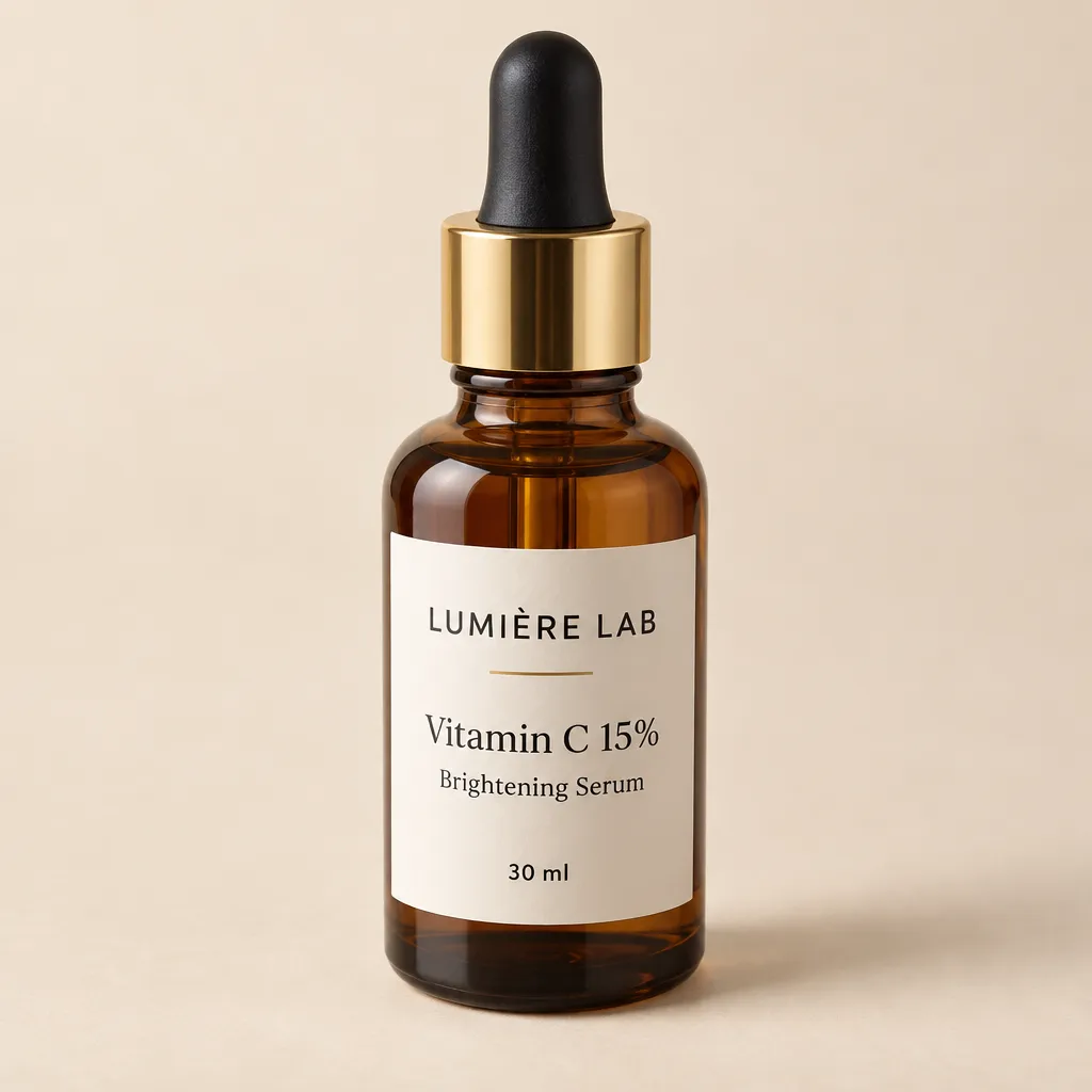 ภาพคอนเซ็ปต์: ขวดแก้วสีชาหัวหยดปลอกสีทอง ฉลากเซรั่มวิตามินซี 30 ml