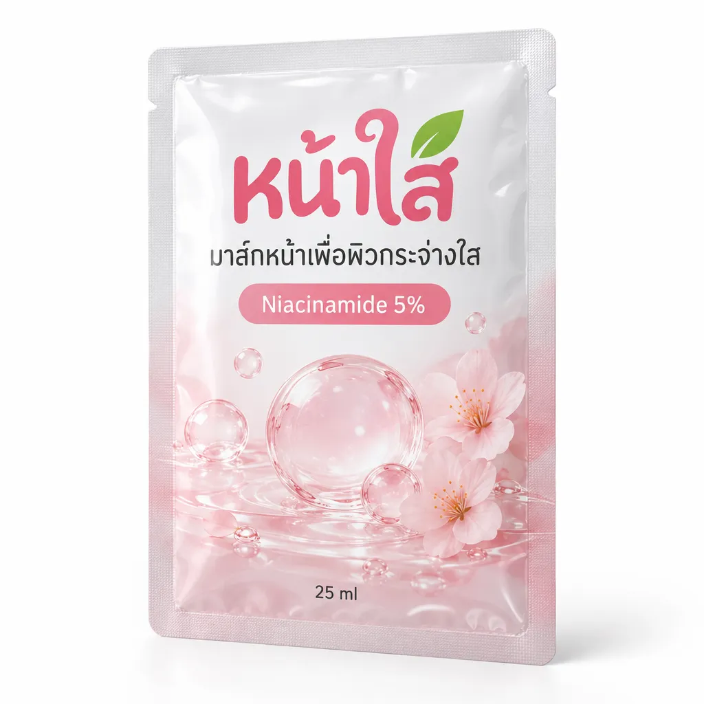 ภาพคอนเซ็ปต์: ซองฟอยล์ ฉลากภาษาไทย มาส์กหน้าไนอะซินาไมด์เพื่อผิวกระจ่างใส 25 ml