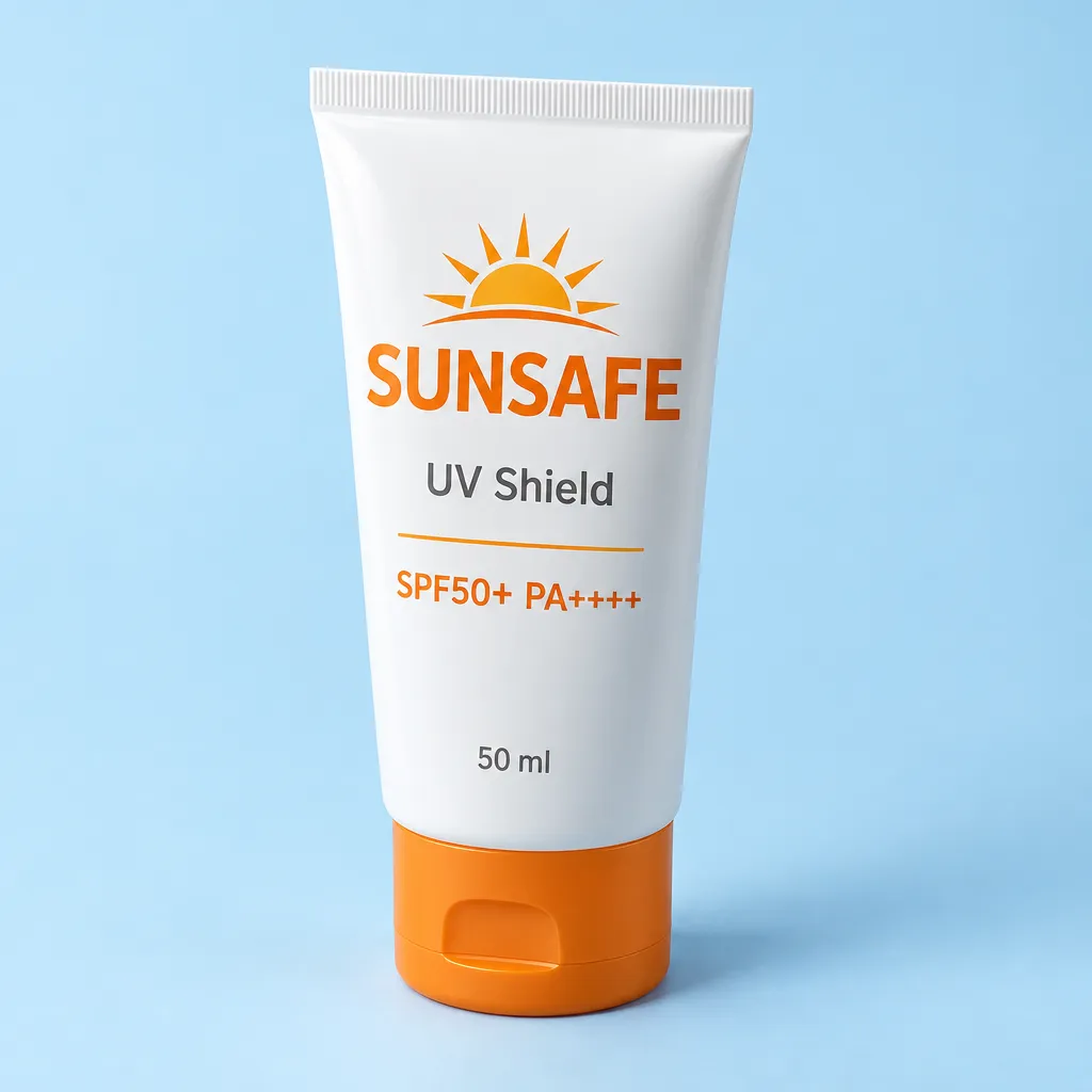 ภาพคอนเซ็ปต์: หลอดบีบสีขาวฝาพับสีส้ม ฉลากกันแดด SPF50+ 50 ml